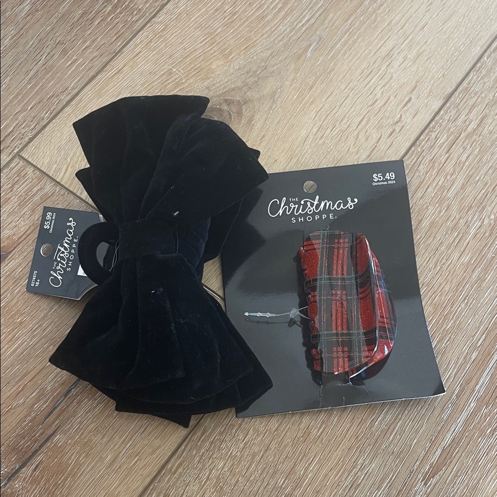 Black Velvet Bow and Red Plaid Hair Clip Set
